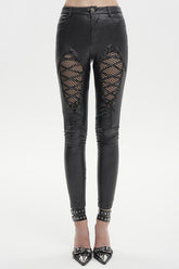 Pantalon Punk Femme Ajustable Slim Fit à Lacets Ondulés Noir avec Diamants